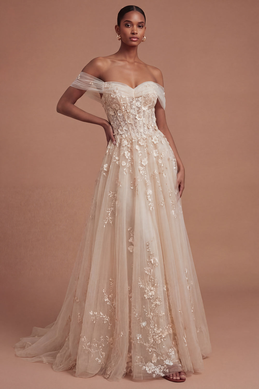 Leely Women Off the Shoulder Floral Champagne Corset Long Prom Dress Backless Sleeveless Wedding Guest Dress