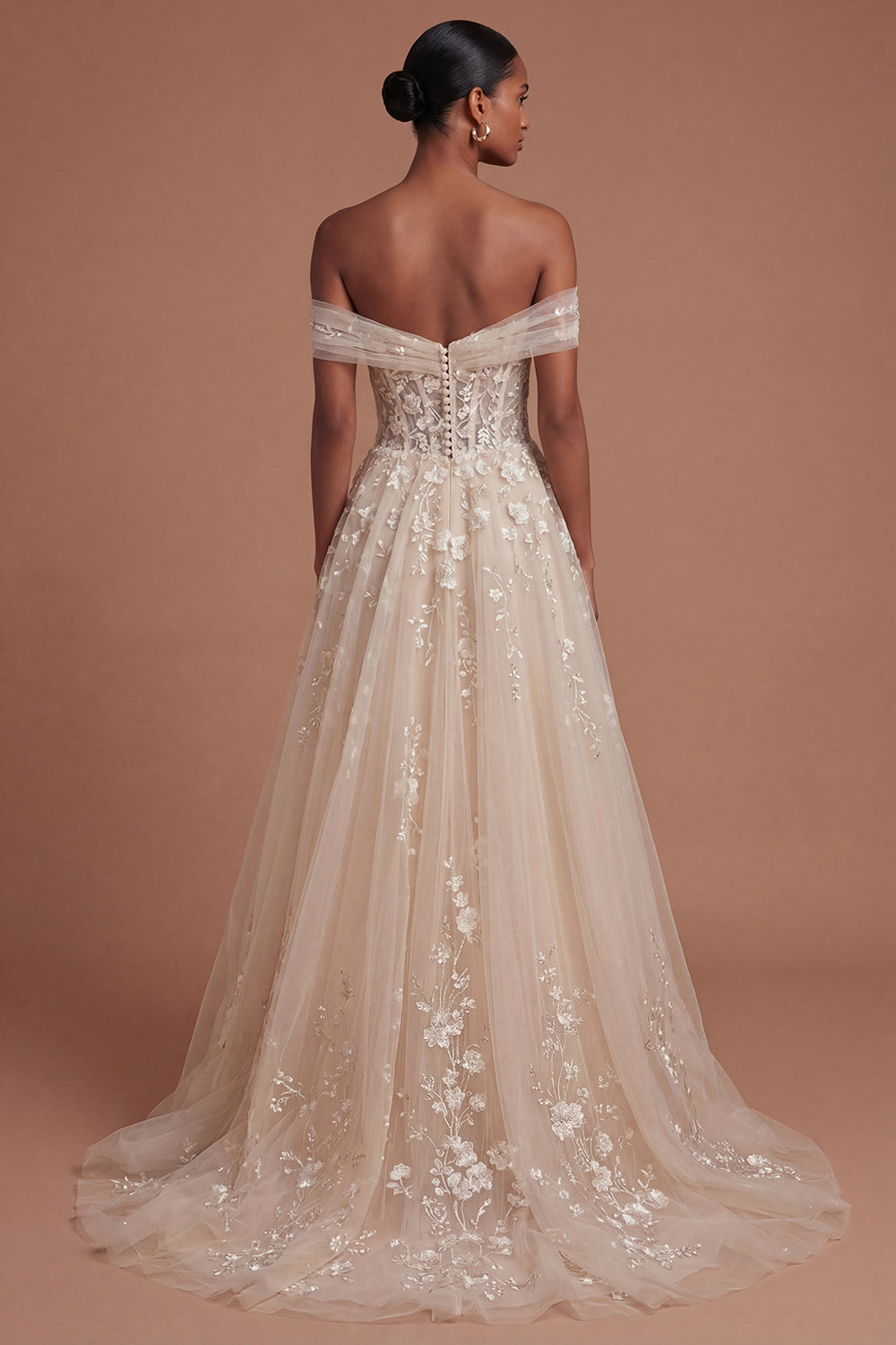 Off the Shoulder Floral Champagne Corset Long Prom Dress