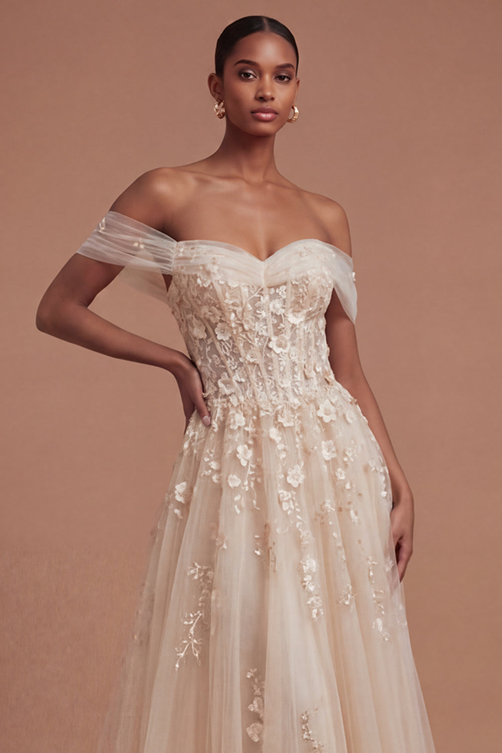 Off the Shoulder Floral Champagne Corset Long Prom Dress