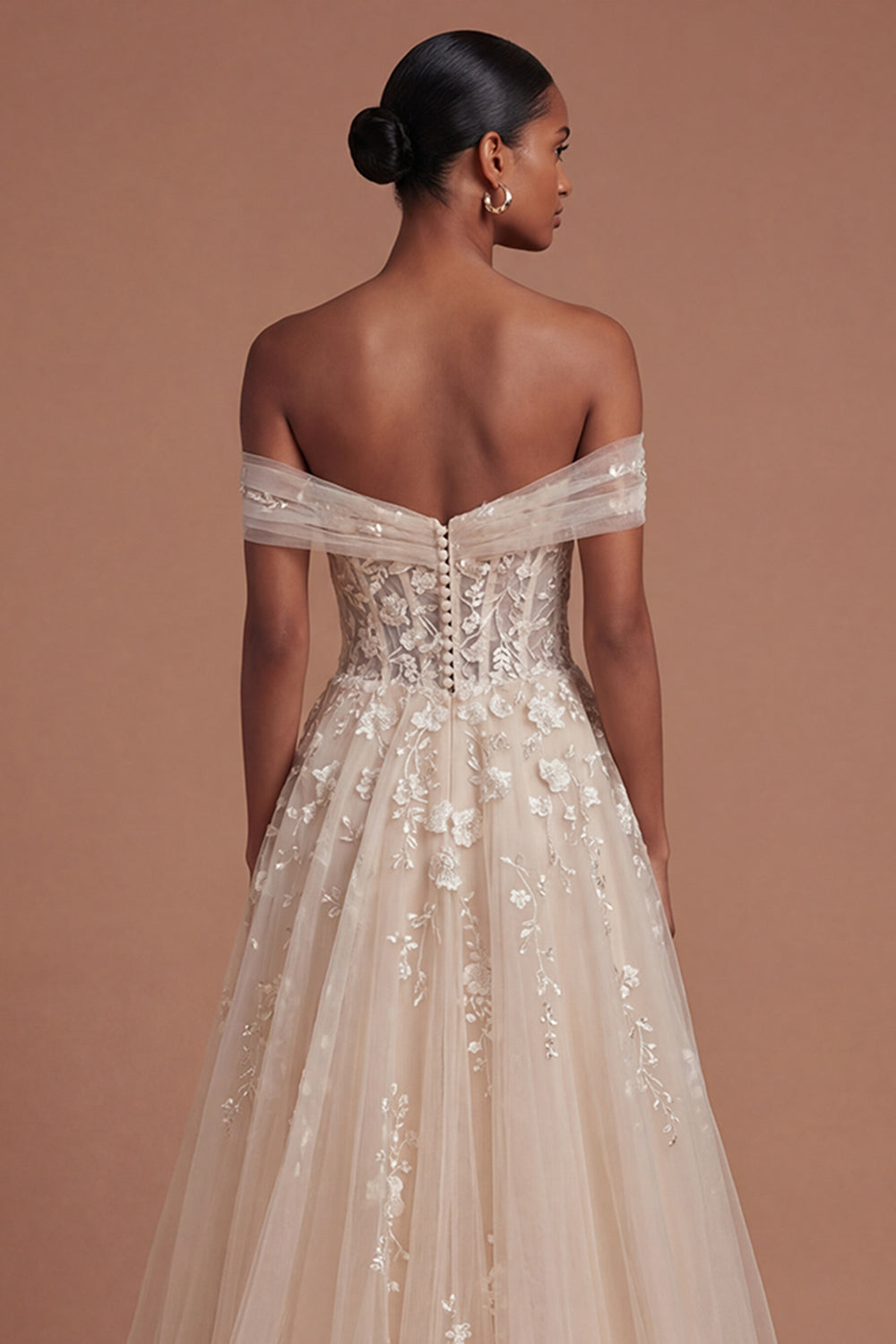 Off the Shoulder Floral Champagne Corset Long Prom Dress