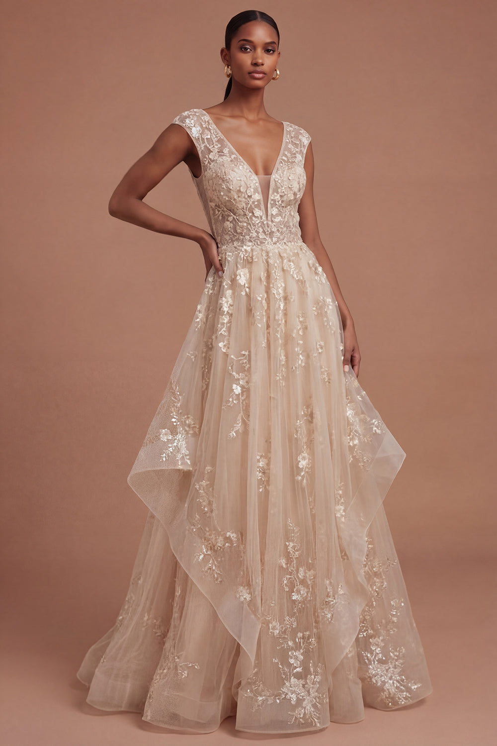 V Neck Floral Champagne Ruffled A Line Long Prom Dress