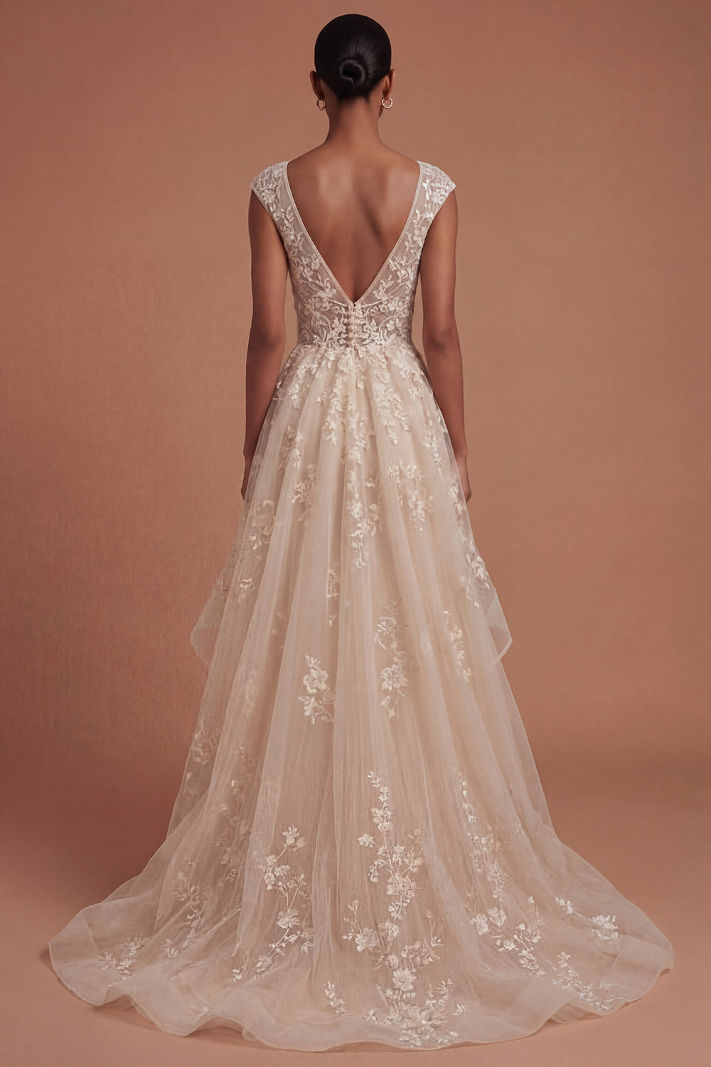 V Neck Floral Champagne Ruffled A Line Long Prom Dress