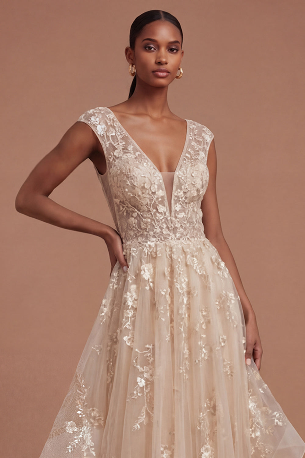 V Neck Floral Champagne Ruffled A Line Long Prom Dress