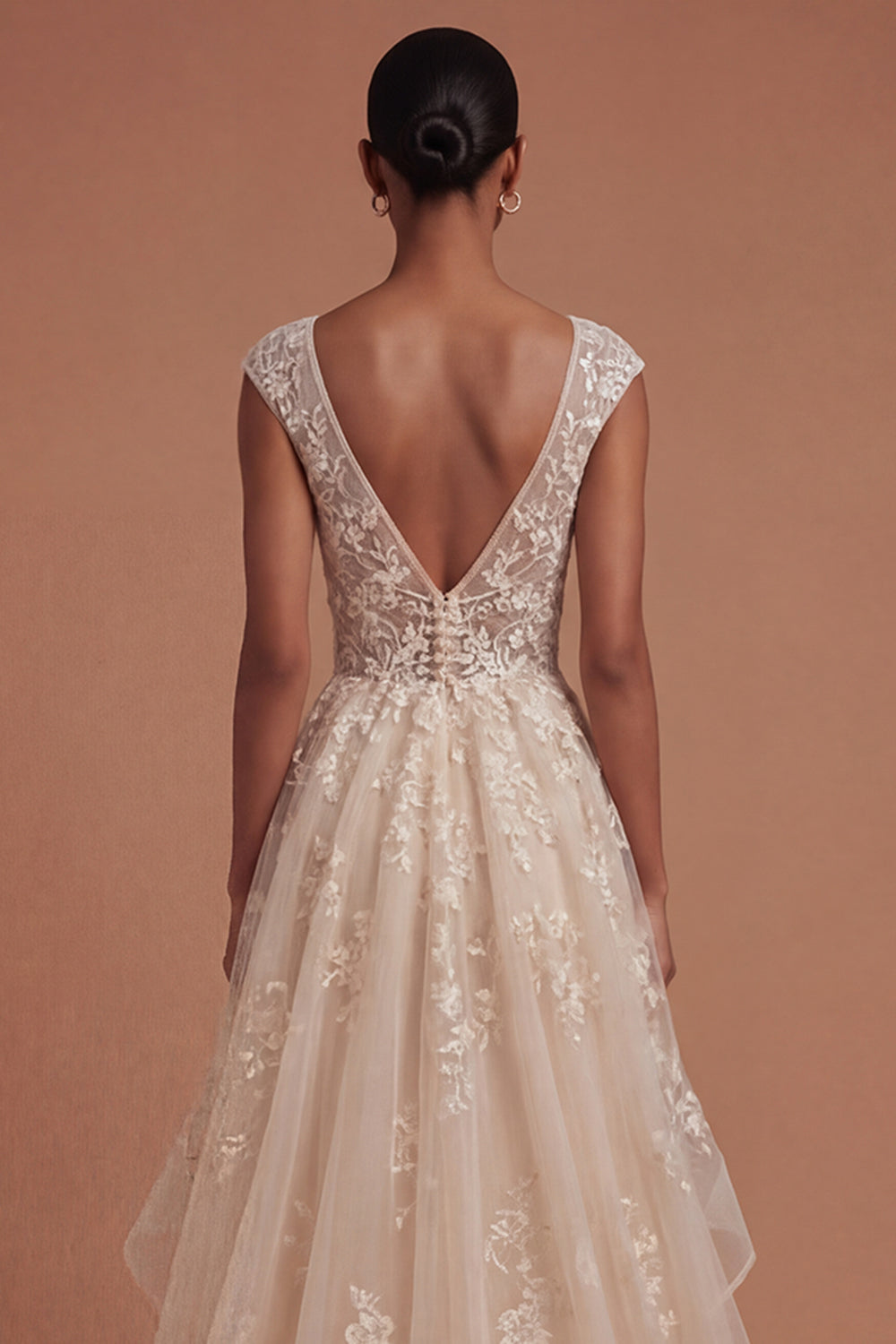 V Neck Floral Champagne Ruffled A Line Long Prom Dress