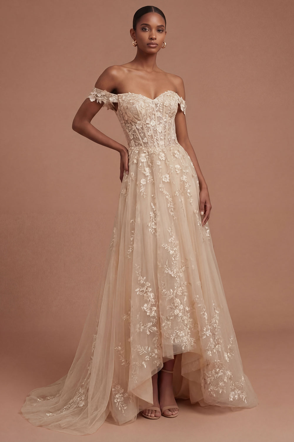 Champagne Corset Off the Shoulder Floral Appliqued High Low Prom Dress