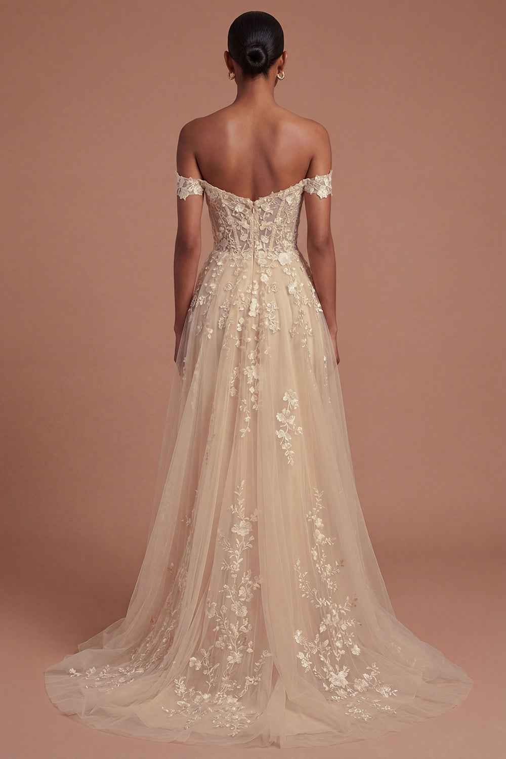 Champagne Corset Off the Shoulder Floral Appliqued High Low Prom Dress