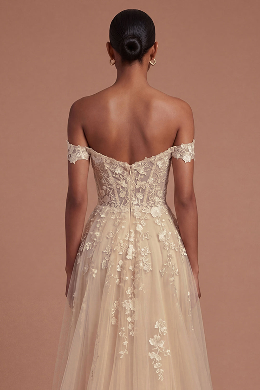 Champagne Corset Off the Shoulder Floral Appliqued High Low Prom Dress