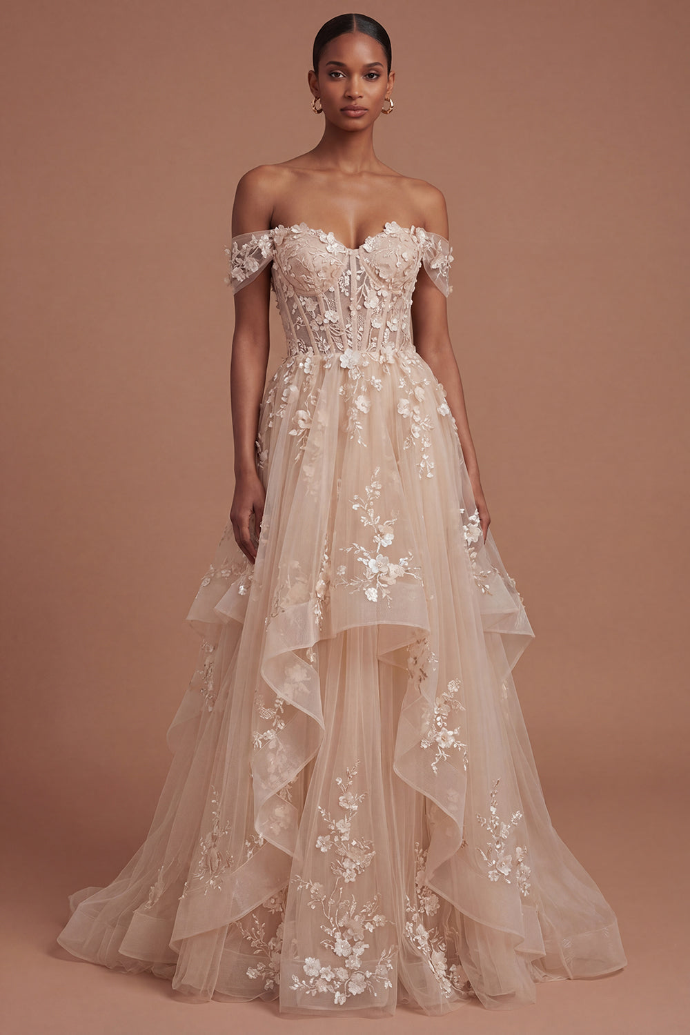 Leely Women Champagne Corset Off the Shoulder Floral Long Prom Dress Backless Appliqued Sleeveless Wedding Guest Dress