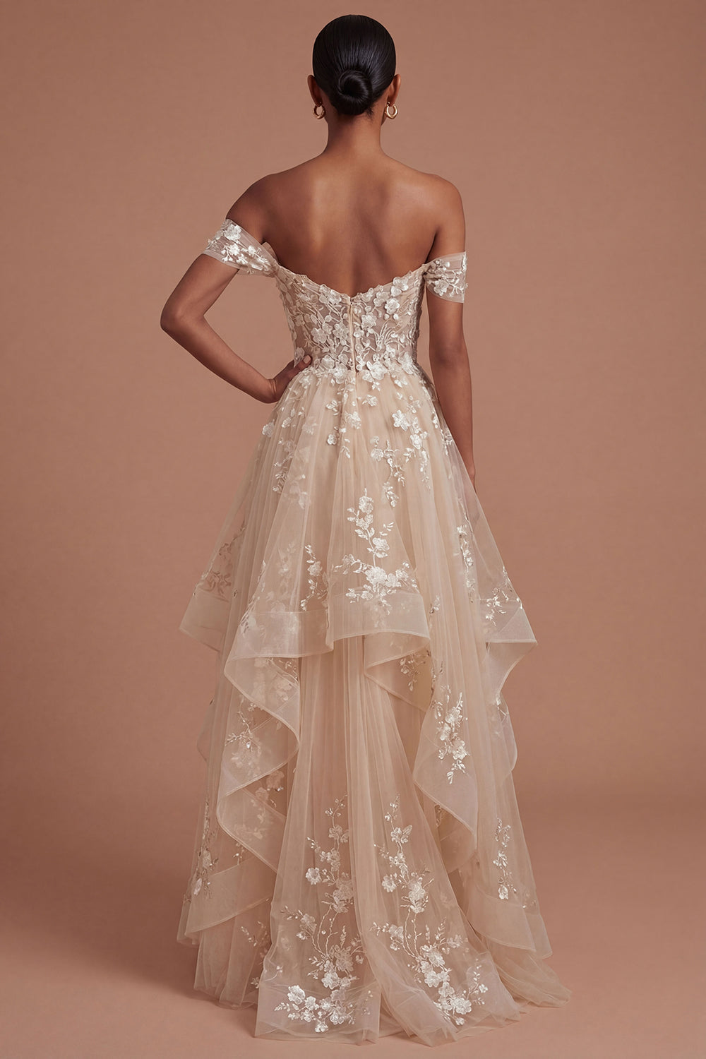 Champagne Corset Off the Shoulder Floral Long Prom Dress