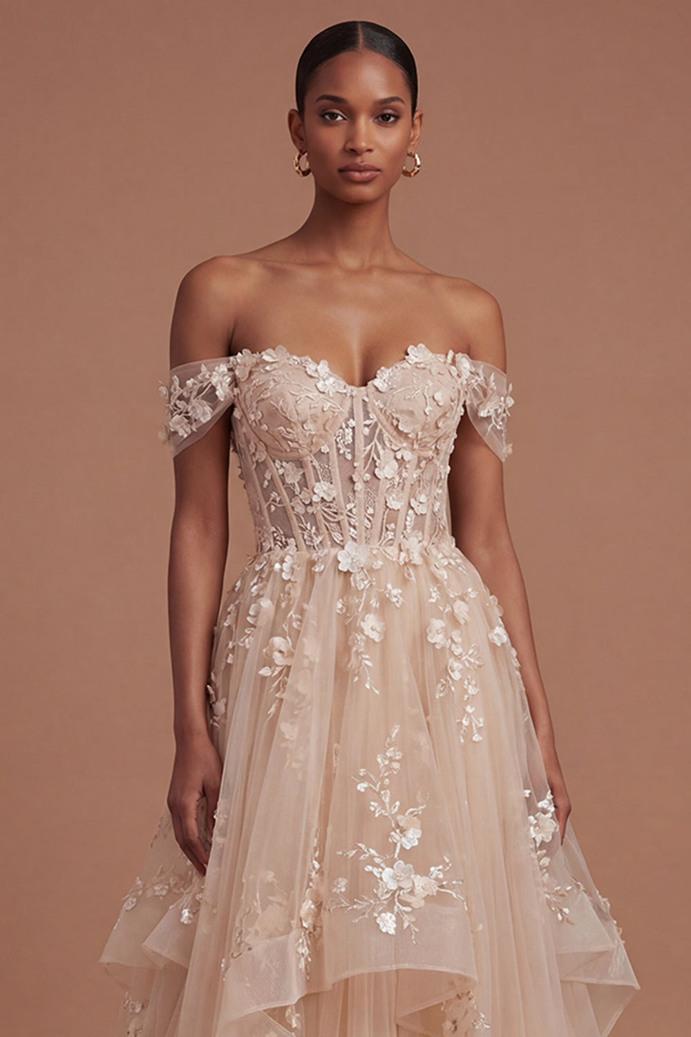 Champagne Corset Off the Shoulder Floral Long Prom Dress