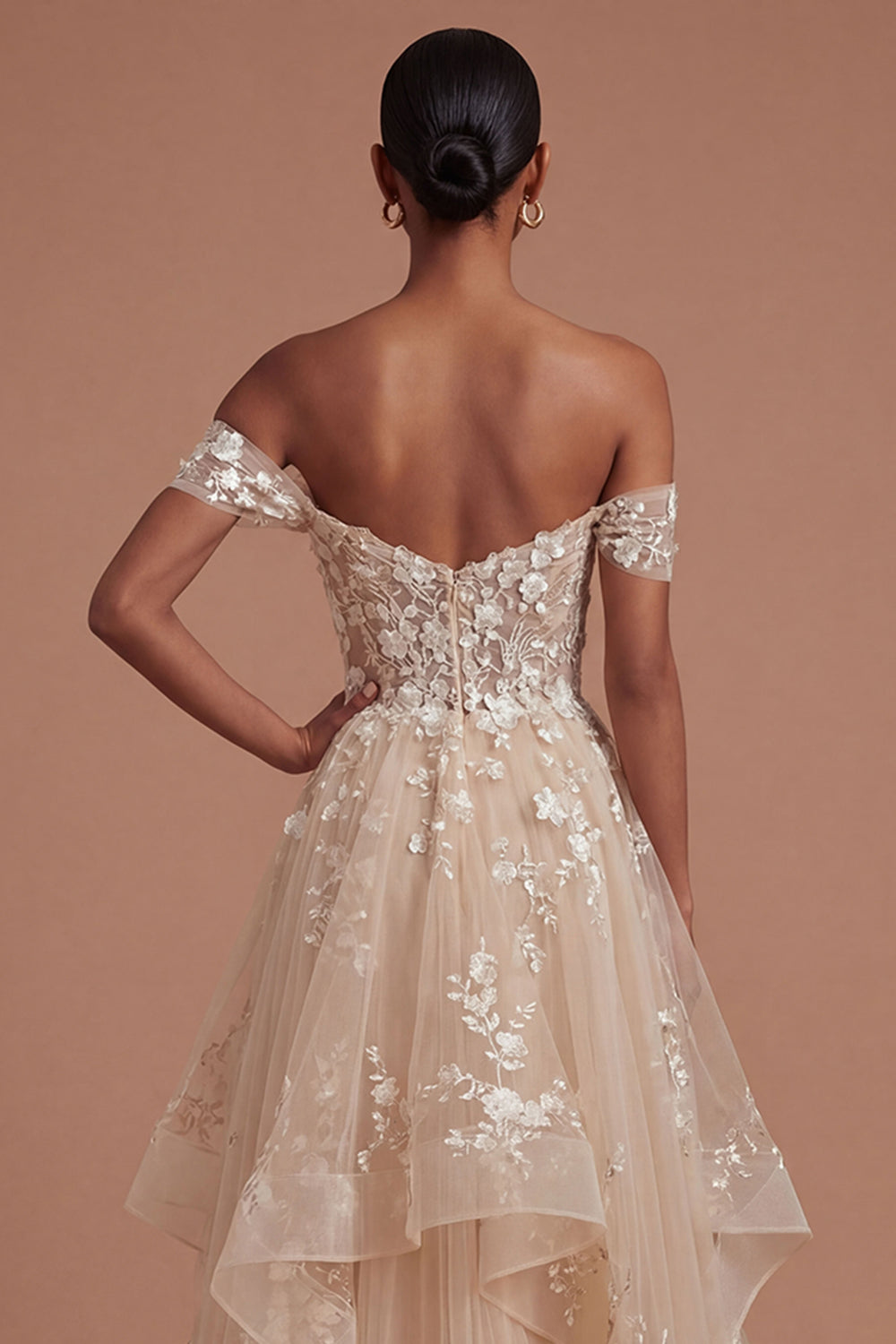 Champagne Corset Off the Shoulder Floral Long Prom Dress