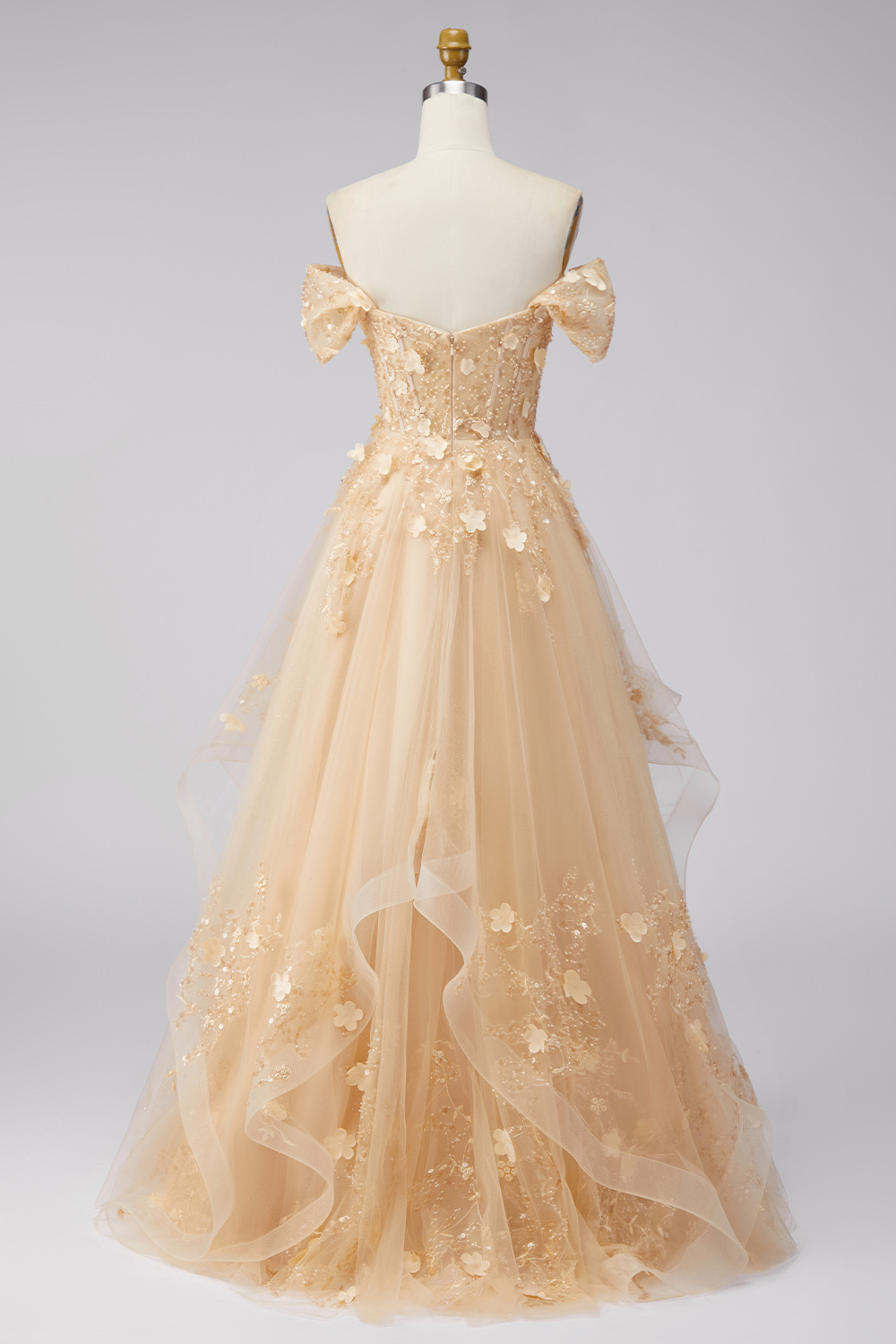 Champagne Corset Off the Shoulder Floral Long Prom Dress