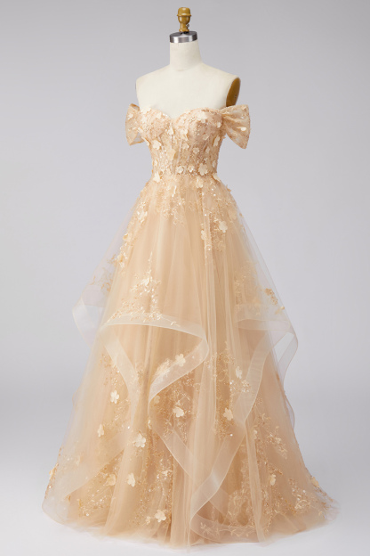 Champagne Corset Off the Shoulder Floral Long Prom Dress