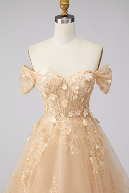 Champagne Corset Off the Shoulder Floral Long Prom Dress
