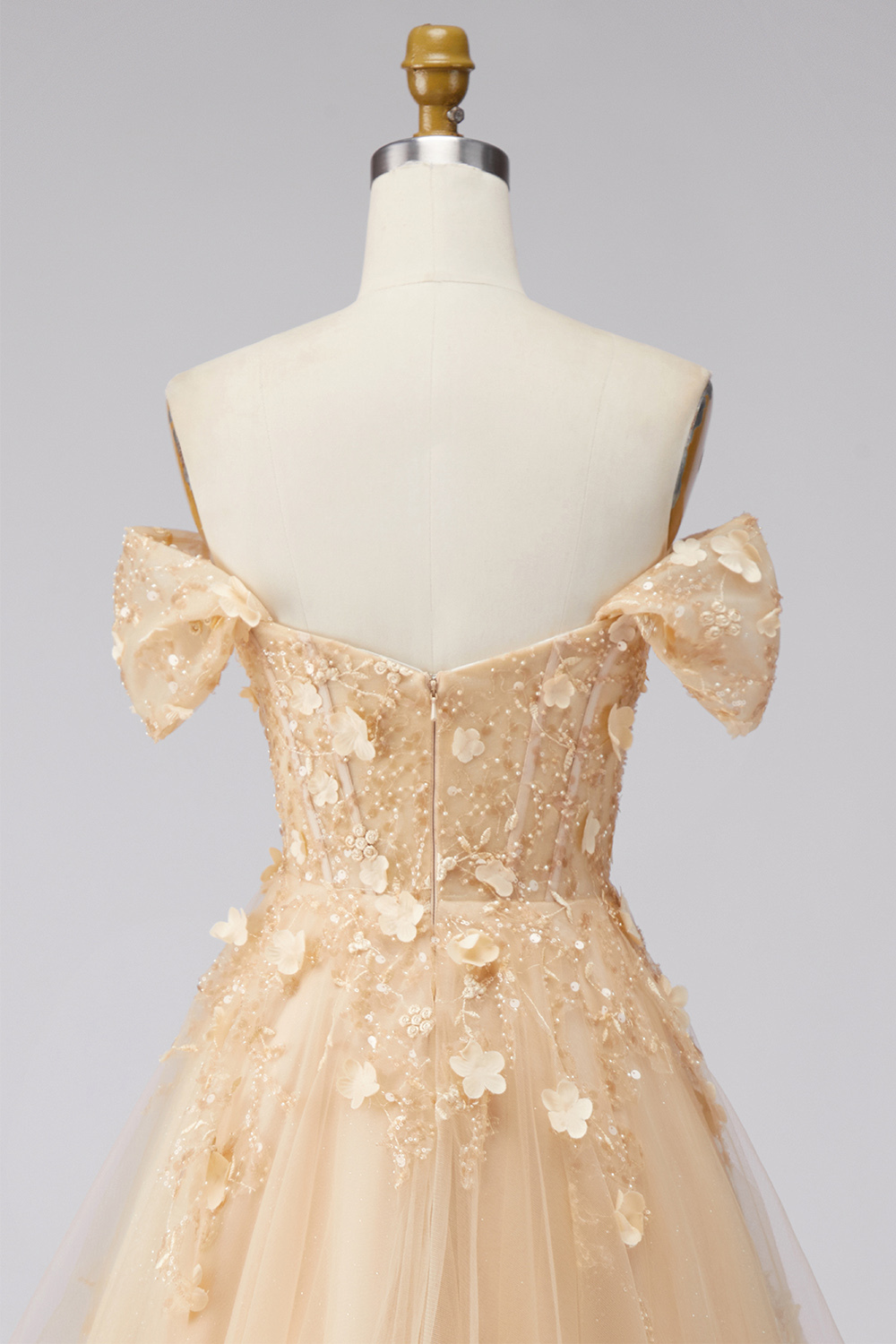 Champagne Corset Off the Shoulder Floral Long Prom Dress