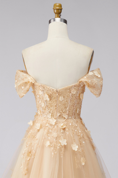 Champagne Corset Off the Shoulder Floral Long Prom Dress
