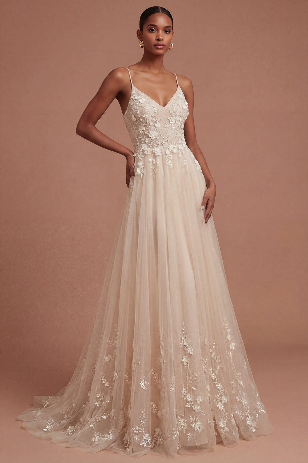 Champagne Spaghetti Straps Floral Appliqued Long Prom Dress