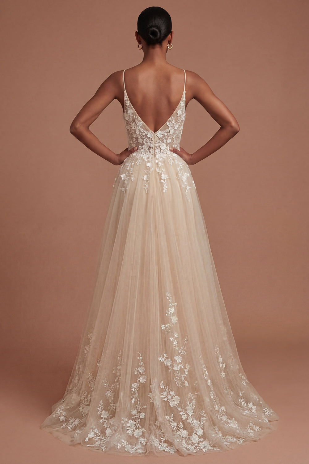 Champagne Spaghetti Straps Floral Appliqued Long Prom Dress