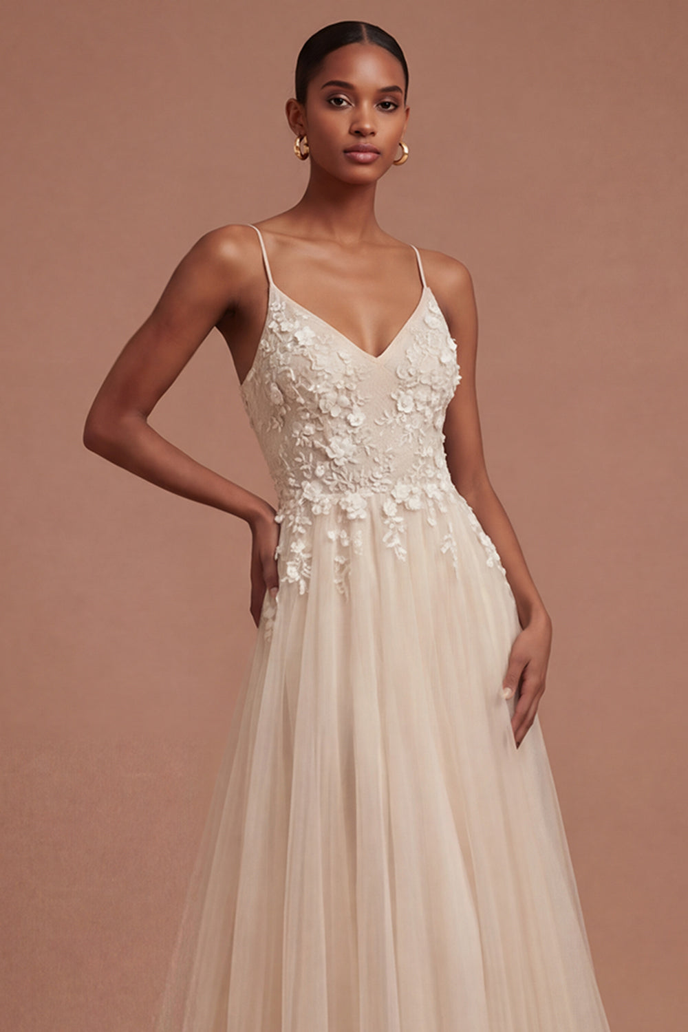 Champagne Spaghetti Straps Floral Appliqued Long Prom Dress