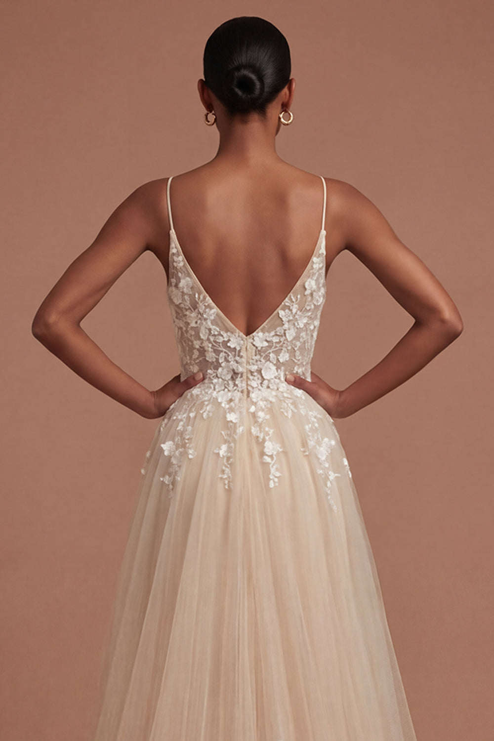 Champagne Spaghetti Straps Floral Appliqued Long Prom Dress