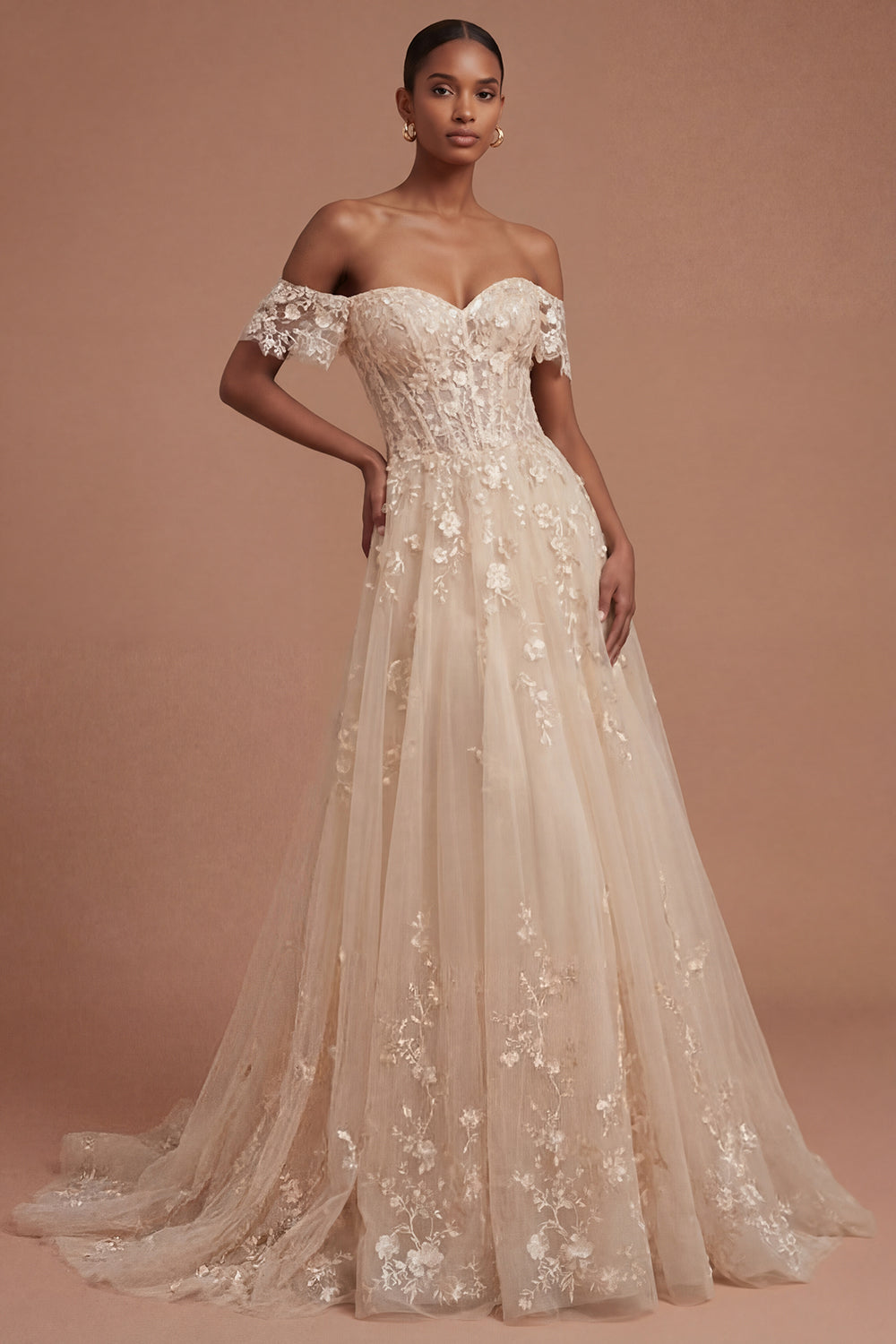 Appliqued Champagne Corset Off the Shoulder Floral Long Prom Dress