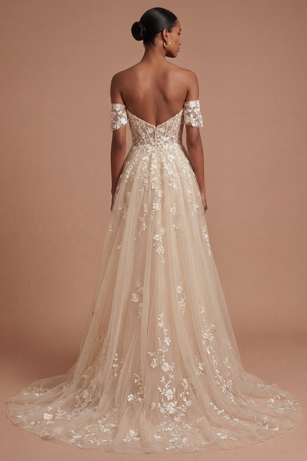 Appliqued Champagne Corset Off the Shoulder Floral Long Prom Dress