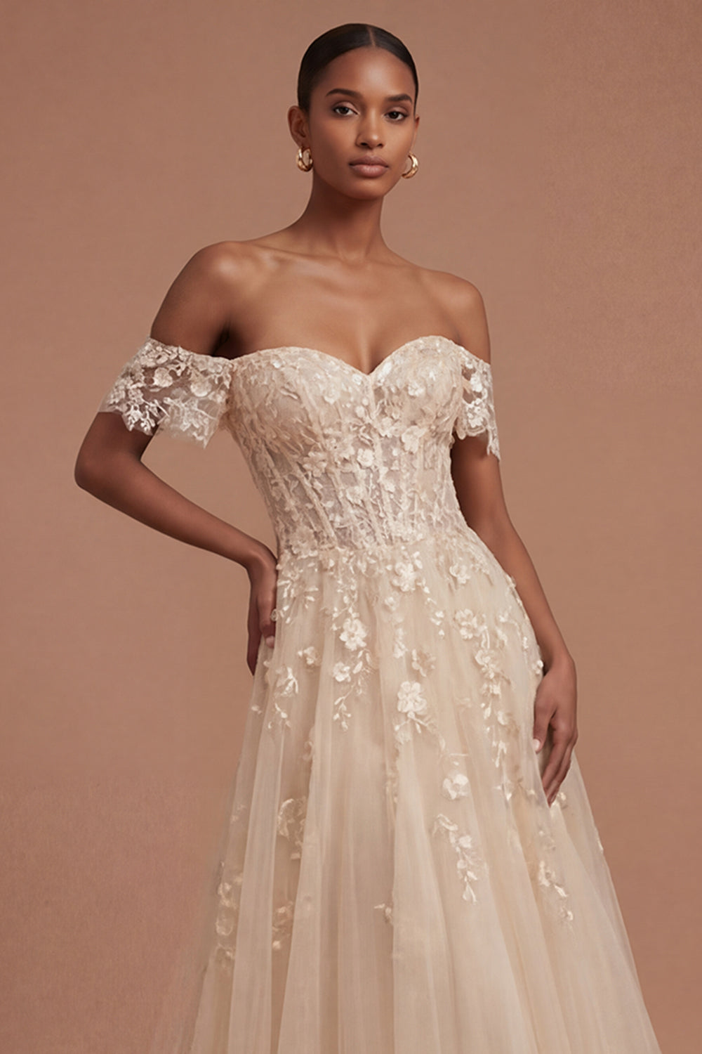 Appliqued Champagne Corset Off the Shoulder Floral Long Prom Dress