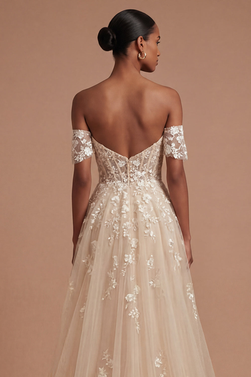 Appliqued Champagne Corset Off the Shoulder Floral Long Prom Dress