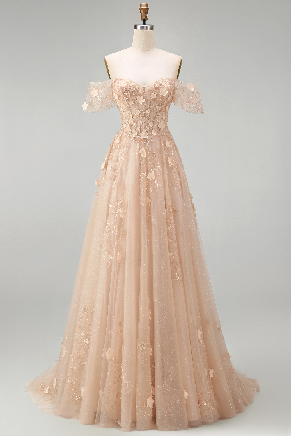 Appliqued Champagne Corset Off the Shoulder Floral Long Prom Dress