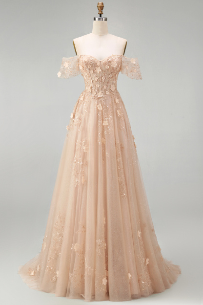 Appliqued Champagne Corset Off the Shoulder Floral Long Prom Dress