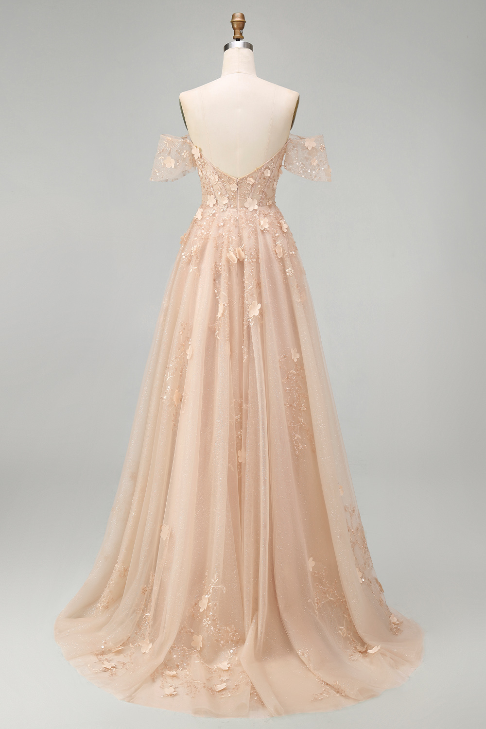 Appliqued Champagne Corset Off the Shoulder Floral Long Prom Dress