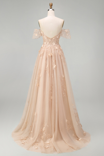 Appliqued Champagne Corset Off the Shoulder Floral Long Prom Dress