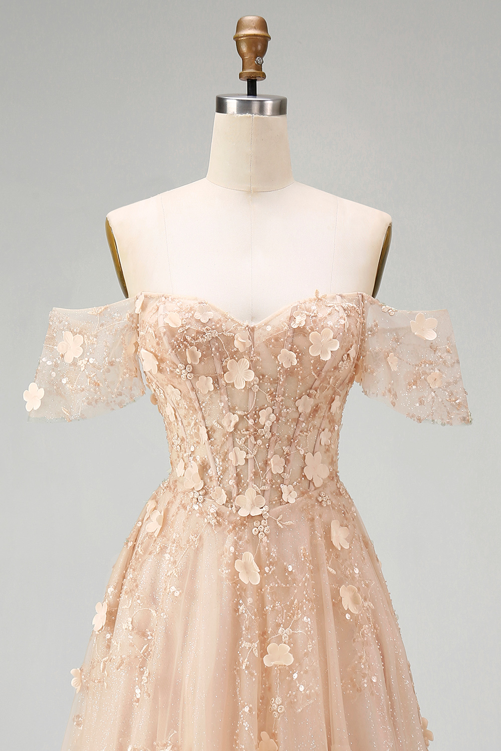 Appliqued Champagne Corset Off the Shoulder Floral Long Prom Dress