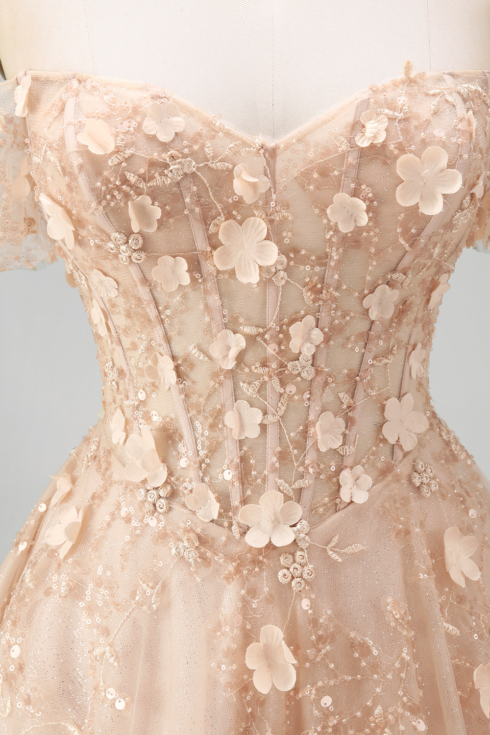 Appliqued Champagne Corset Off the Shoulder Floral Long Prom Dress