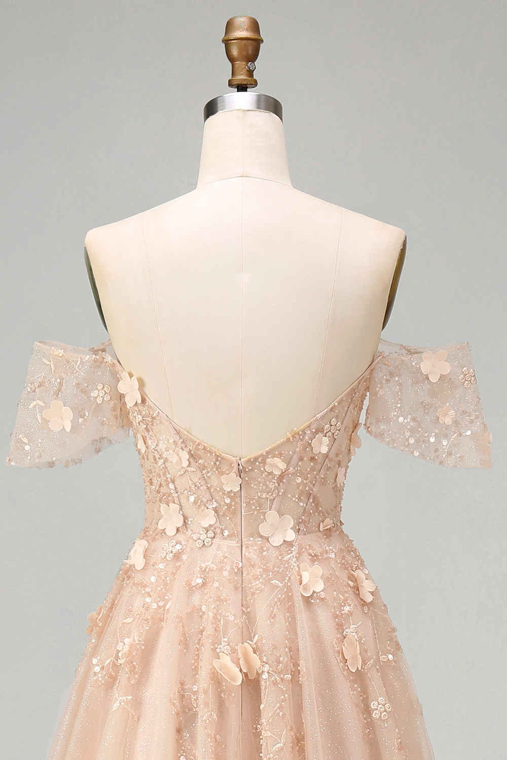 Appliqued Champagne Corset Off the Shoulder Floral Long Prom Dress