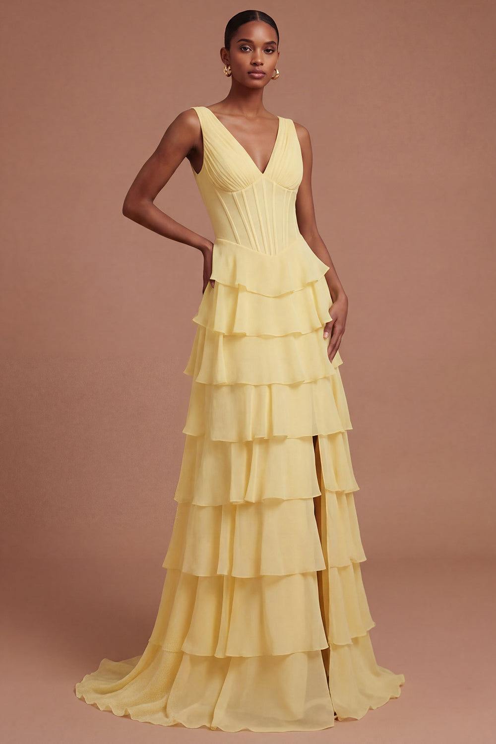 A Line Tiered V Neck Corset Butter Yellow Long Prom Dress with Slit