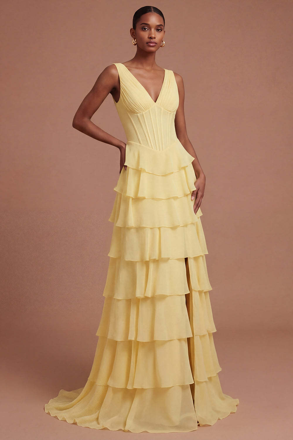 Leely Women A Line Tiered Corset Butter Yellow Long Prom Dress with Slit V Neck Sleeveless Backless Wedding Guest Dress