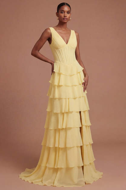 Leely Women A Line Tiered Corset Butter Yellow Long Prom Dress with Slit V Neck Sleeveless Backless Wedding Guest Dress
