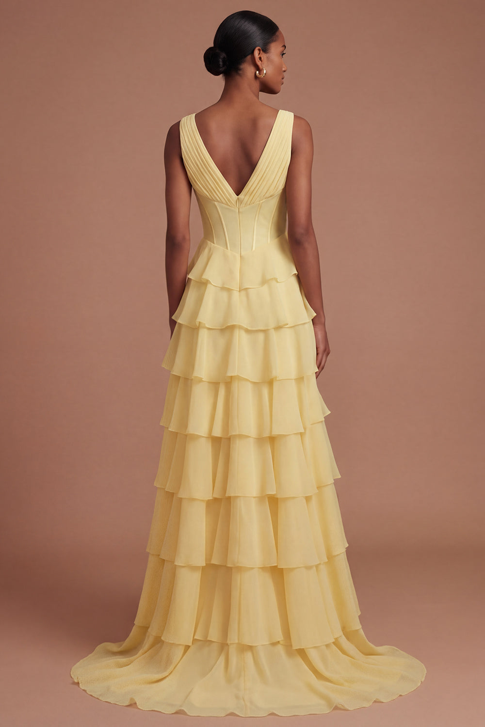 A Line Tiered V Neck Corset Butter Yellow Long Prom Dress with Slit