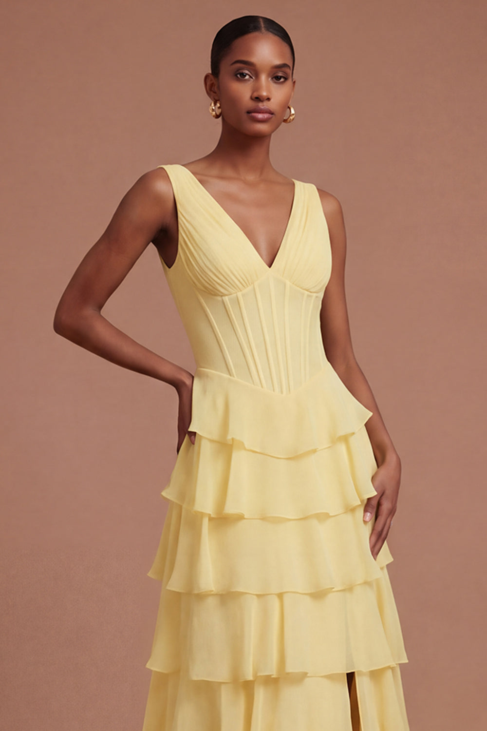 A Line Tiered V Neck Corset Butter Yellow Long Prom Dress with Slit