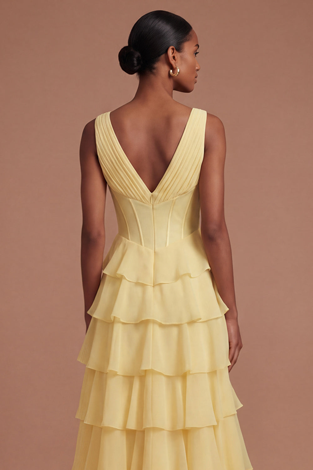 A Line Tiered V Neck Corset Butter Yellow Long Prom Dress with Slit