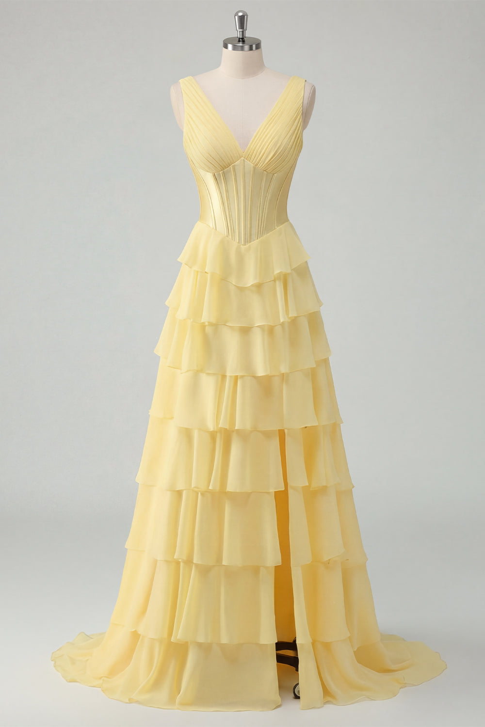 A Line Tiered V Neck Corset Butter Yellow Long Prom Dress with Slit