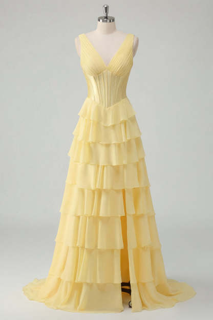 A Line Tiered V Neck Corset Butter Yellow Long Prom Dress with Slit
