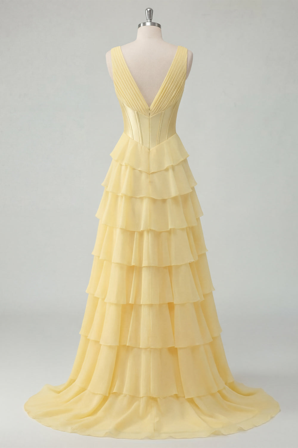A Line Tiered V Neck Corset Butter Yellow Long Prom Dress with Slit