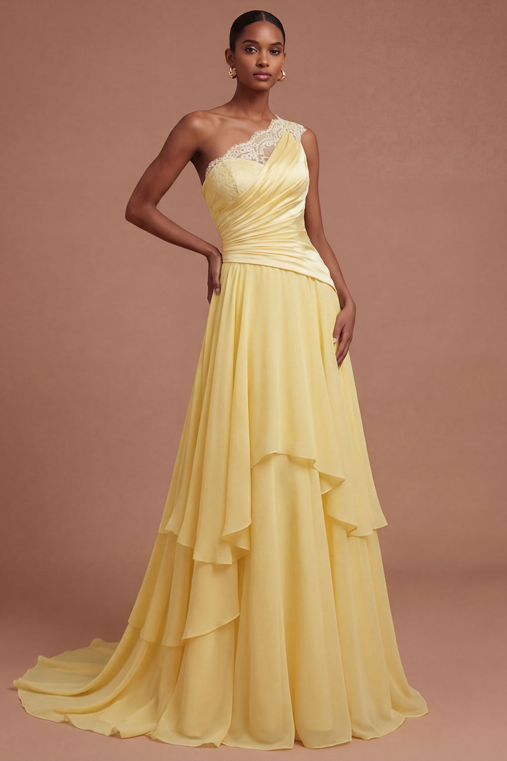Leely Women A Line Butter Yellow One Shoulder Long Prom Dress Backless Ruched Wedding Guest Dress