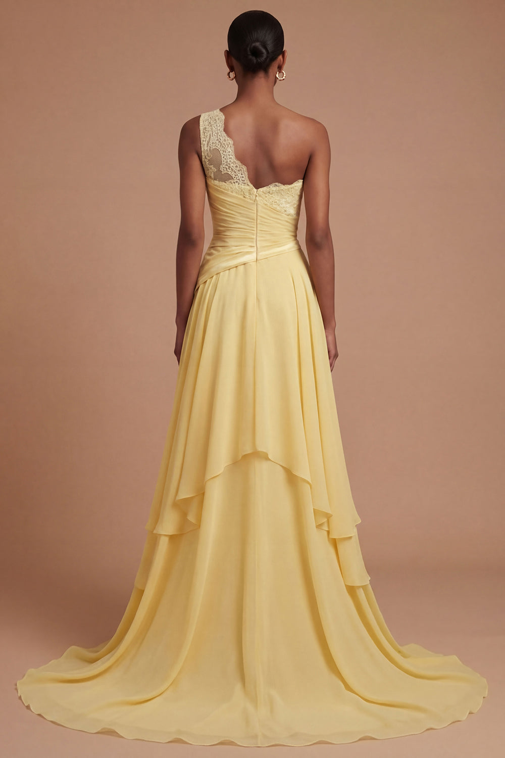 A Line Butter Yellow Ruched One Shoulder Long Prom Dress