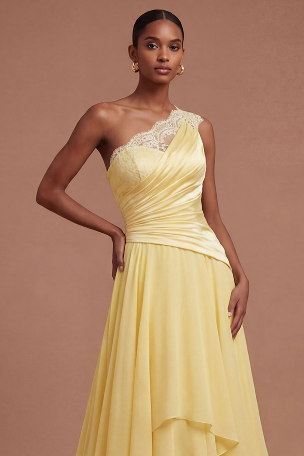 A Line Butter Yellow Ruched One Shoulder Long Prom Dress