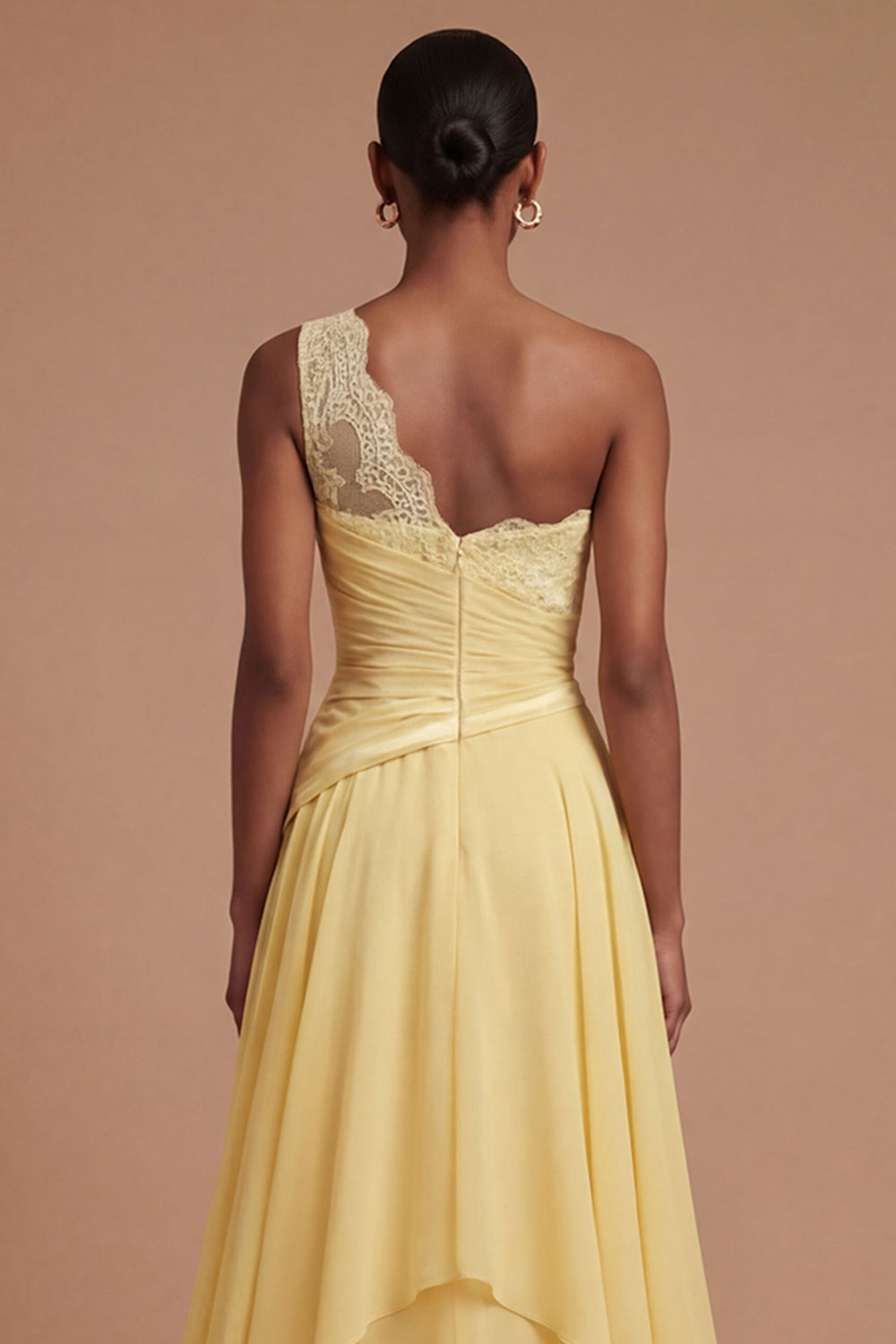 A Line Butter Yellow Ruched One Shoulder Long Prom Dress