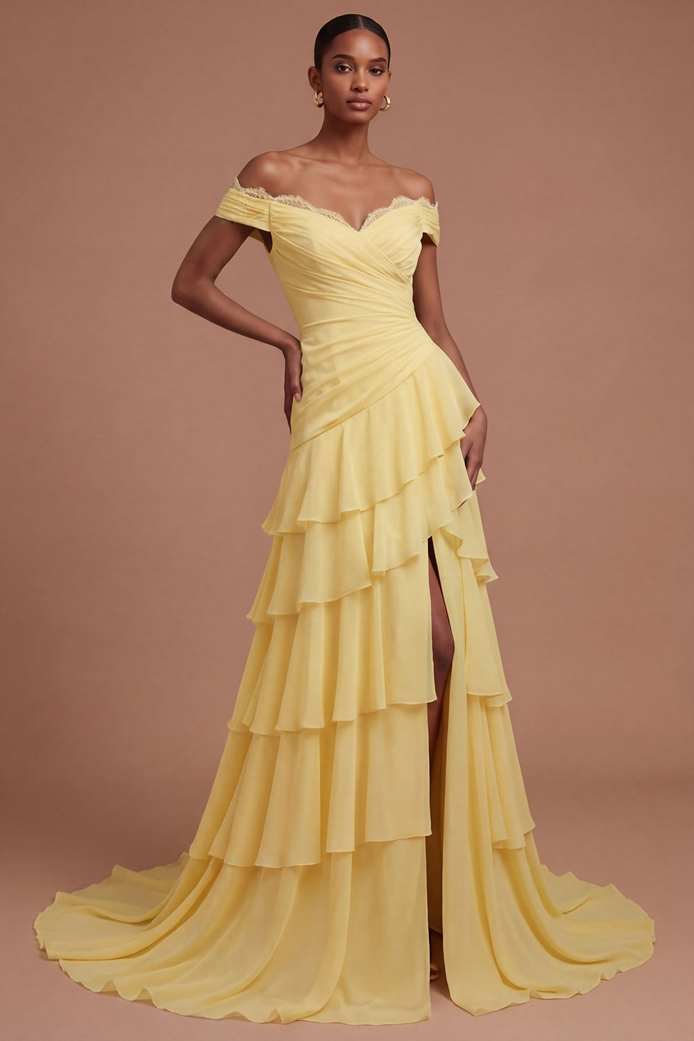 Leely Women Tiered A Line Butter Yellow Long Prom Dress with Slit Off the Shoulder Backless Sleeveless Evening Dress