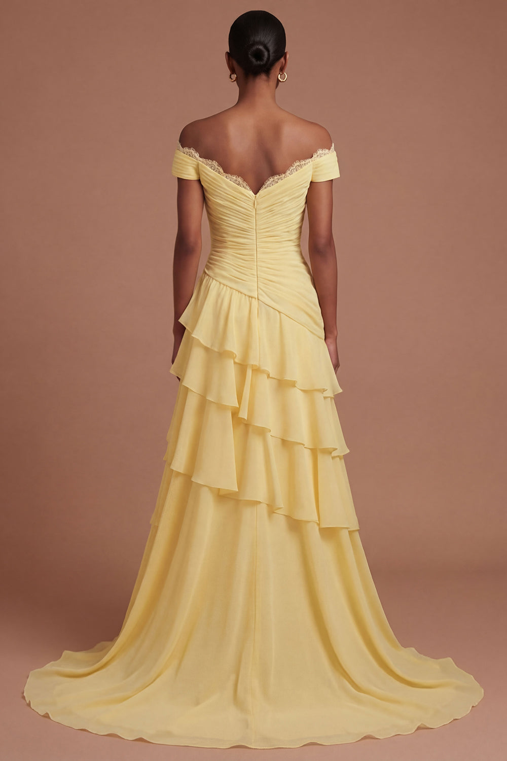 Tiered A Line Butter Yellow Off the Shoulder Long Prom Dress with Slit